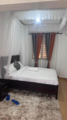 1 dormitorio con cama con dosel y ventana en JB apartment, en Kisumu