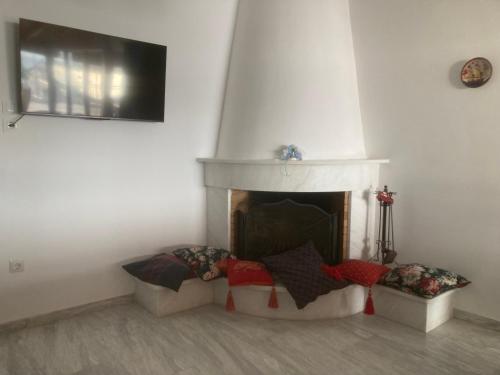 a living room with a fireplace and two couches at Athens Palaia Fokaia Entire Flat 2 bedrooms with panoramic sea views and a massive veranda , only steps away from the beach and amenities in Palaiá Fókaia