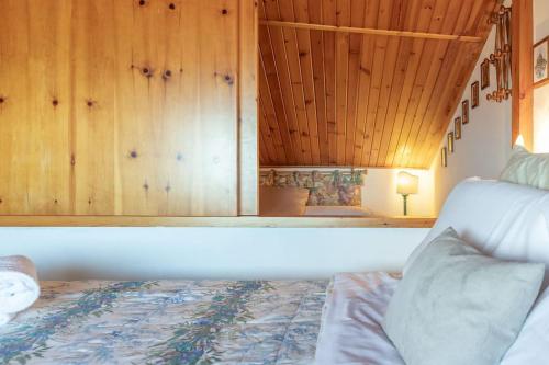 a bedroom with a bed with a wooden ceiling at Chalet Aria Sottile in Sassotetto