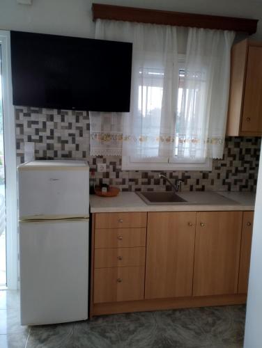a kitchen with a white refrigerator and a sink at Lefki Studios in Lakithra