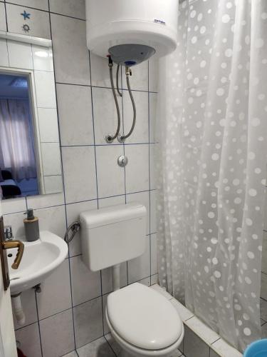 a white bathroom with a toilet and a sink at Apartmani Župa in Tivat