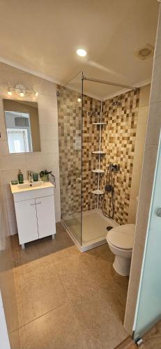a bathroom with a shower and a toilet and a sink at Casa do Aconchego em Freiria in Freiria