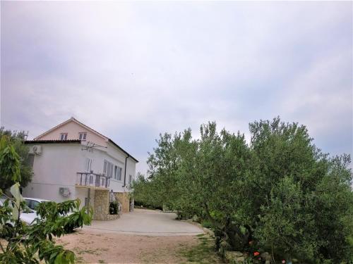 a white building with trees in front of it at Apartman Tina 2 in Ražanac