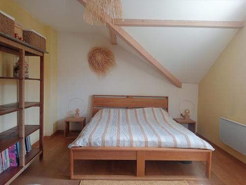 a bedroom with a bed and a book shelf at Maison Cosy Lac d'Annecy in Talloires