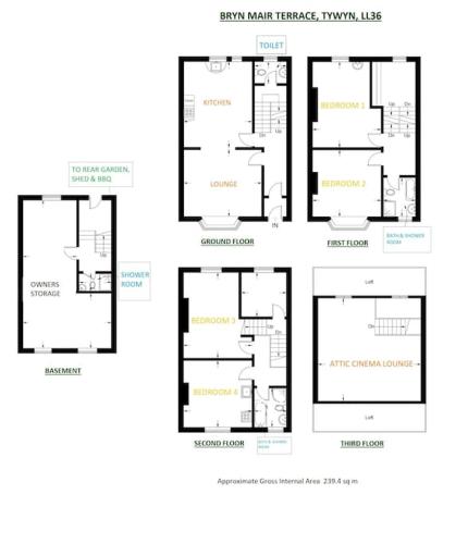 a floor plan of a house with different floors at Victorian Town House - Sleeps 12 in Tywyn