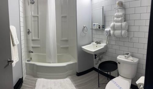 a bathroom with a toilet and a sink and a shower at Acadian Hotel in Stephenville