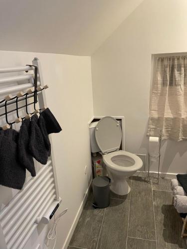 a white bathroom with a toilet and a window at Maison vintage à Montdauphin in Montdauphin