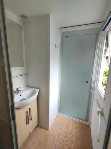 La salle de bains est pourvue d'un lavabo et d'une porte coulissante en verre. dans l'établissement Nat & Mayou, à Onzain
