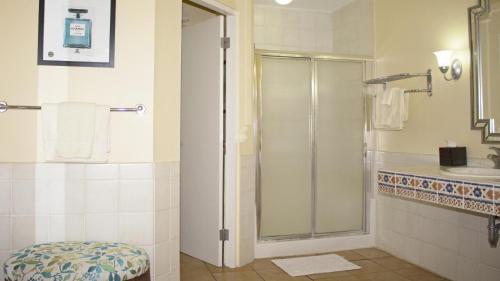a bathroom with a shower and a sink at Palm View in Humacao
