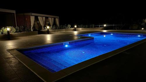 a swimming pool lit up at night with blue lights at Ayana Mobile Home in Orebić