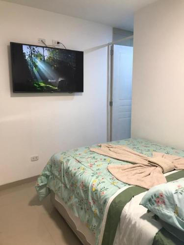 a bedroom with a bed with a tv on the wall at Albano Habitación con cocina y baño in Mariscal Castilla
