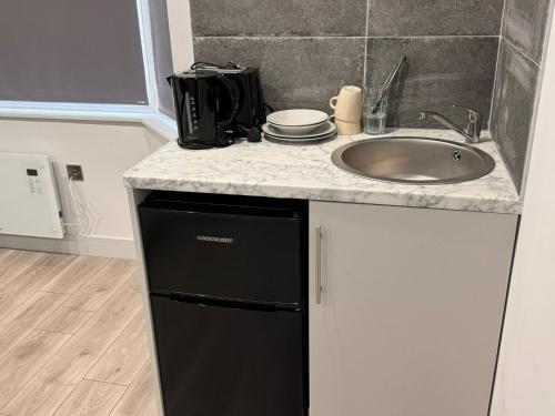 a kitchen with a sink and a dishwasher at Letzi Ensuite, 15 Min to Heathrow, Fast WiFi in Hayes