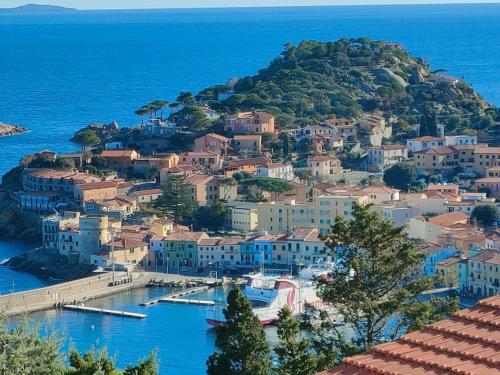 a small town on a hill in the water at Isola del Giglio casa Nico e casa Camilla Monticello Giglio Porto in Isola del Giglio
