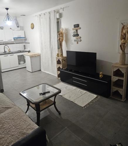 un salon avec une télévision et une table basse dans l'établissement Studio à 2 arrêt de Gare du Nord, à Pierrefitte-sur-Seine