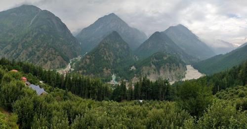 a view of a mountain valley with trees and mountains at Majestic Heights Homestay in Harsil