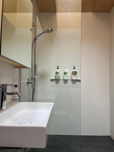 a white bathroom with a sink and a shower at Stylish Eden Park Studio in Auckland