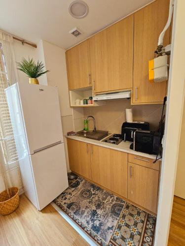 une cuisine avec un réfrigérateur blanc et un évier dans l'établissement Alaya, à Bezons