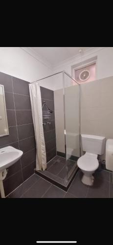 a bathroom with a shower and a toilet and a sink at Wallaby Backpackers Hostel Perth - note - Valid passport required to check in - in Perth