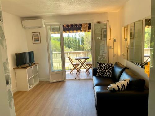 un salon avec un canapé en cuir et une télévision dans l'établissement Studio Saint Cyr sur mer, à Saint-Cyr-sur-Mer