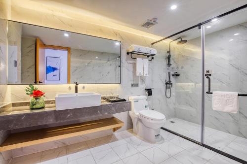 陽朔にあるSongshe Hotel - Yangshuo West Streetの洗面台、トイレ、シャワー付きのバスルーム