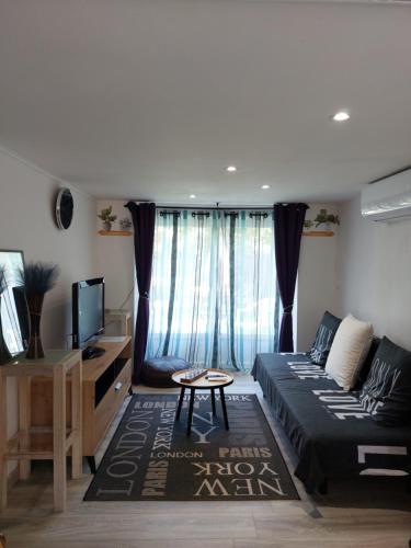 un salon avec un lit et une télévision dans l'établissement Douce Escale - Agen sud, T2, RDJ, clim réversible, proche ENAP, à Agen