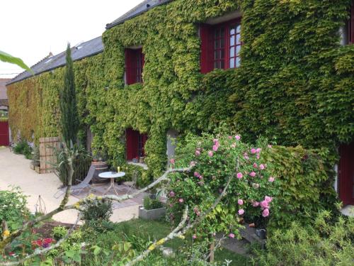 un bâtiment recouvert de lierre vert avec une table et des fleurs dans l'établissement La petite pomme, à Hermanville-sur-Mer