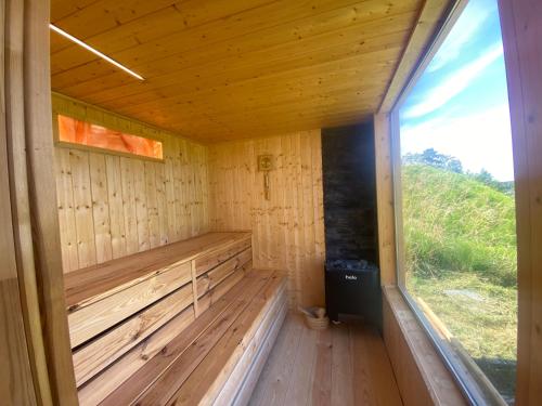 a sauna with a window in a wooden cabin at Ostoja Skarlin in Mikołajki Pomorskie