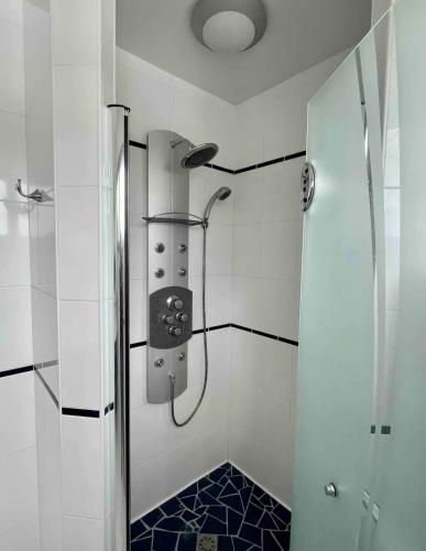 une salle de bain avec une douche avec une porte vitrée dans l'établissement Villa Roch Ana, à Plouézocʼh