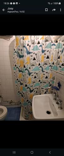 une salle de bain avec un lavabo et un rideau de douche dans l'établissement Studio super emplacement, à Boulogne-Billancourt
