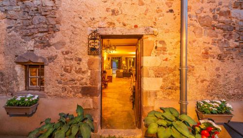 an entrance to a building with flowers in pots at La Maison au Puits in Cordes-sur-Ciel