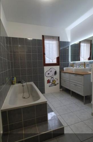 une salle de bain avec une baignoire et un lavabo dans l'établissement Maison familiale Cazaux, à La Teste-de-Buch