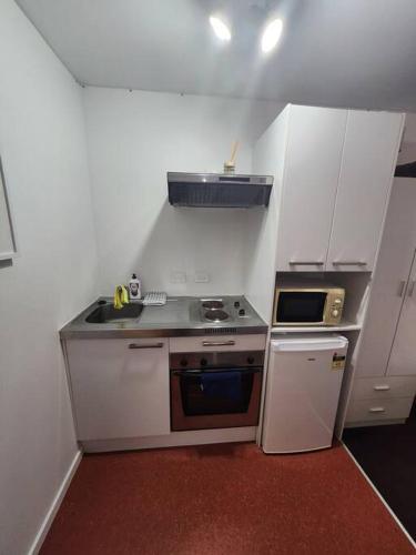 a small kitchen with a sink and a stove at Cosy studio in the heart of the city in Wellington