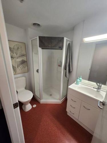 a bathroom with a shower and a toilet and a sink at Cosy studio in the heart of the city in Wellington