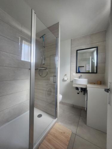 une salle de bain avec douche et lavabo dans l'établissement La Casa Choukie, à Pornic