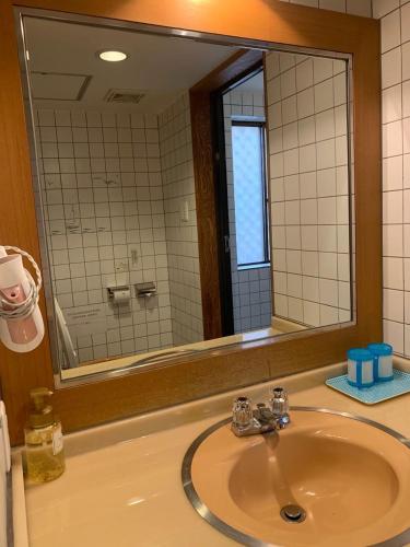 a bathroom sink with a large mirror above it at 大阪グランドホテル Osaka Grand Hotel in Osaka