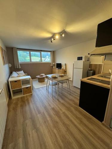 une pièce avec une cuisine avec une table et un réfrigérateur dans l'établissement Studio cosy au cœur du Haut-jura, à Foncine-le-Bas
