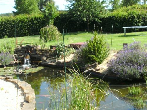 a pond with a fountain in a garden at Gîte coquet 2 chambres, 2 salles de douches avec piscine, spa in Namur