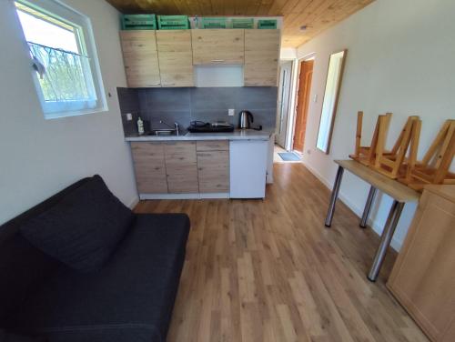 a living room with a kitchen and a couch at Ambasadorówka in Solina