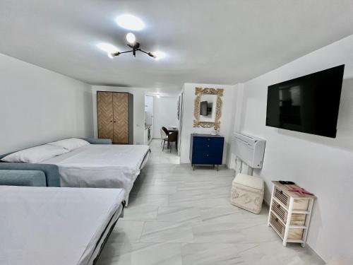a bedroom with two beds and a flat screen tv at A'MARE da Marco Loft in Sperlonga