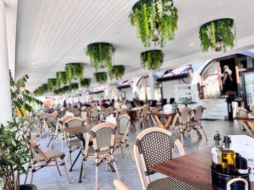 a restaurant with tables and chairs and plants at Hanul Domnesc Imperial Hotel & SPA in Călan