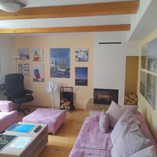 a living room with a couch and a fireplace at Privat 2 na Sihoti in Trenčín