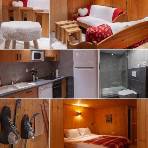 un collage de photos d'une cuisine et d'une chambre dans l'établissement Le Neiger - Appartement Emeraude, à Saint-Martin-de-Belleville