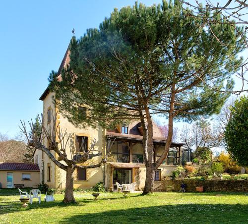 une grande maison avec un arbre devant dans l'établissement Chambre B&B à Font Margout - Calme - 4km de Sarlat - Petit-déjeuner, à Sarlat-la-Canéda
