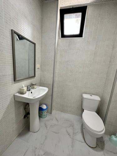 a bathroom with a sink and a toilet and a mirror at Hotel black sea in K'obulet'i