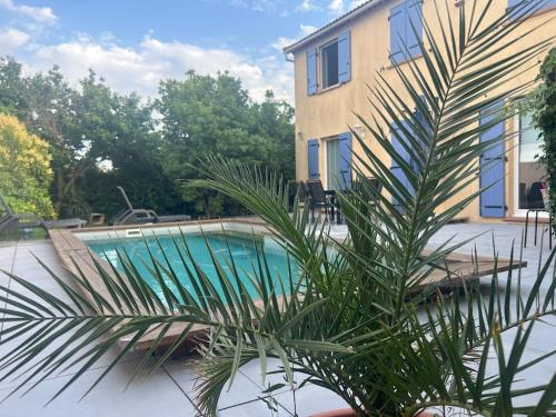 un palmier en face d'un bâtiment avec piscine dans l'établissement Jolie maison provençale au volets bleu, à Marseille