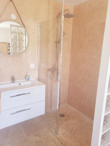 a bathroom with a sink and a shower at La rose du vent in Saint-Pons-de-Mauchiens