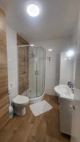 Un baño con ducha, inodoro y lavabo. en Focus apartment, en Lublin