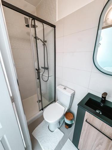 une petite salle de bain avec toilettes et douche dans l'établissement Logement très chaleureux à Marseille, à Marseille