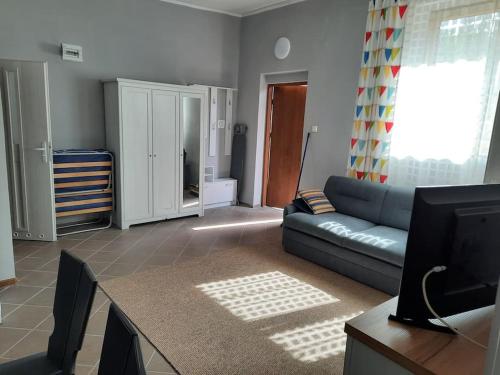 a living room with a couch and a tv at Diana in Spychowo