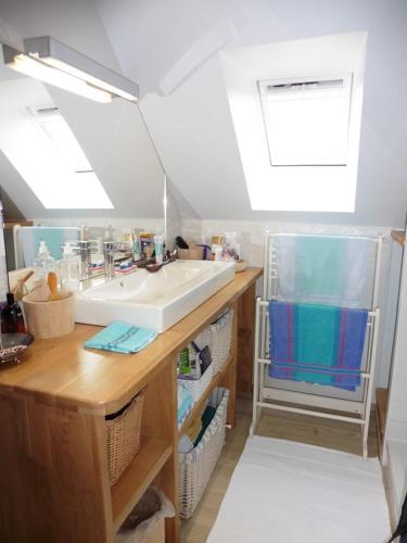 une salle de bain avec un lavabo et un comptoir avec des serviettes dans l'établissement Diskouiz Bihan Petit Repos, à Carantec